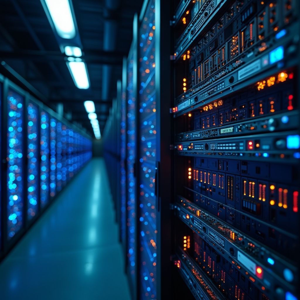 Rows of server racks in a data center, glowing blue and orange lights, long hallway.