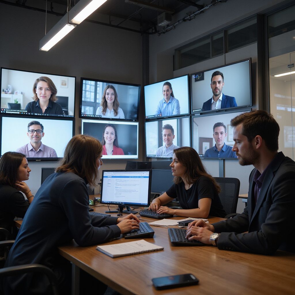 People in an office meeting with screens displaying colleagues; a virtual meeting in progress.