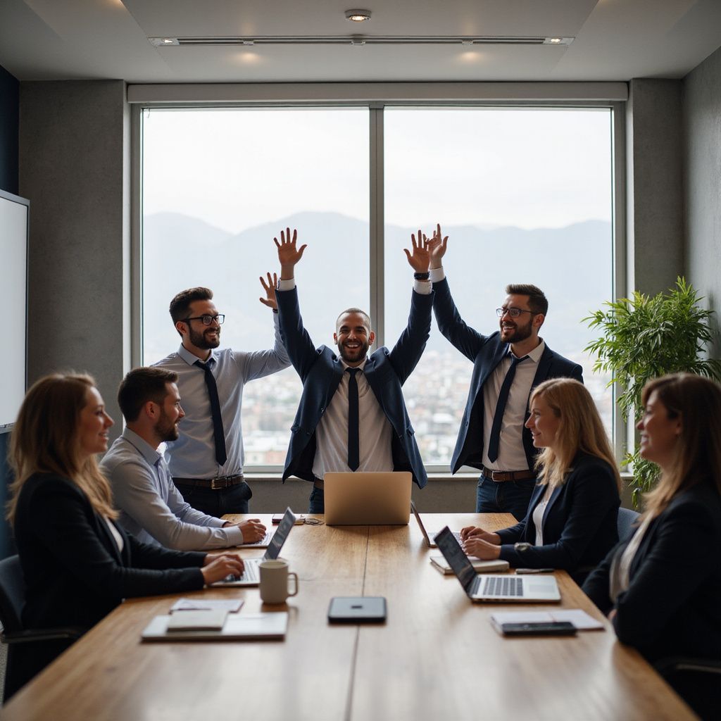 Business team celebrates a success with raised arms around a conference table.