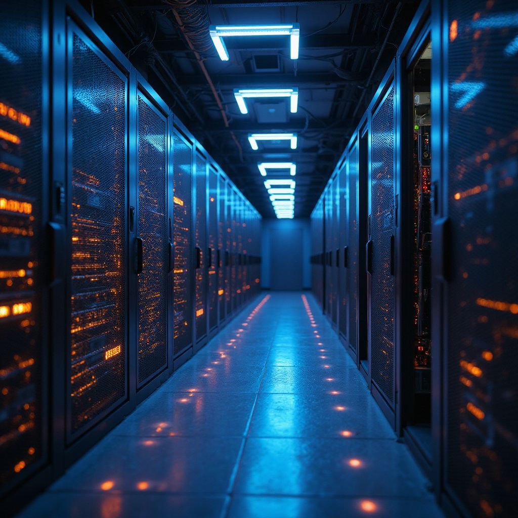 A blue-lit server room with rows of enclosed servers; bright lights reflect on the floor.