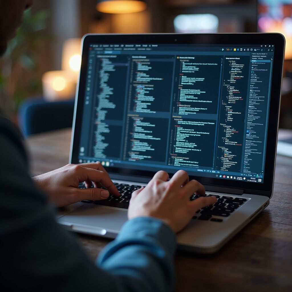 Person typing code on a laptop with multiple windows displaying programming text.