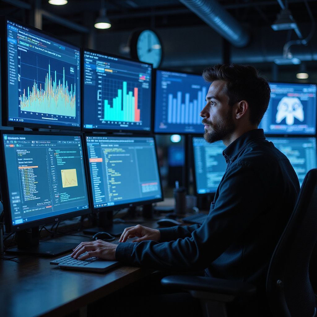 Man at computer monitors, analyzing data and coding in a dark room.