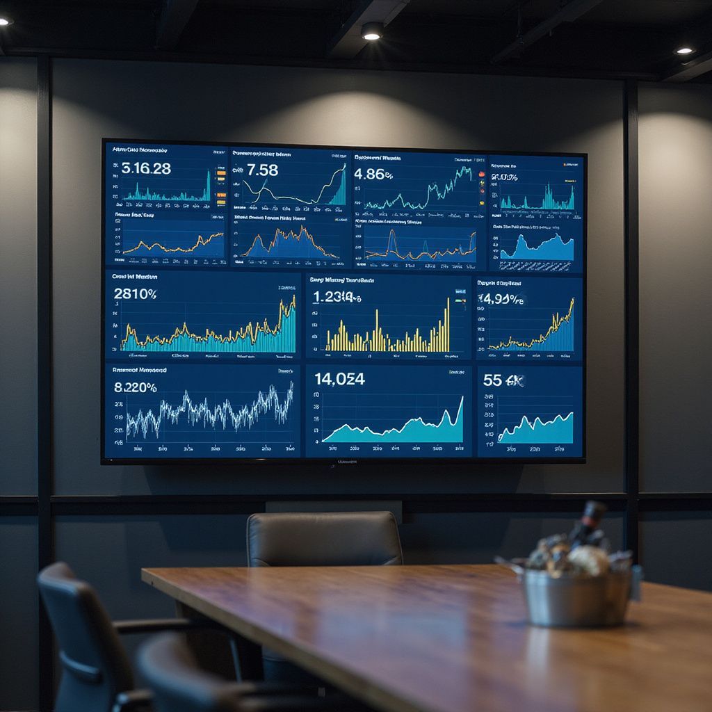 Large screen displays charts and graphs in a conference room setting.