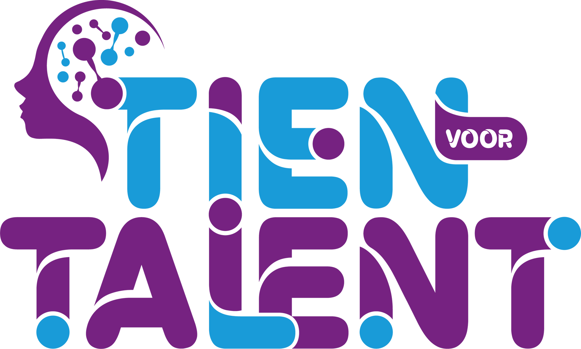 Logo voor Tien voor Talent: gestileerde tekst in blauw en paars, met een silhouet van een brein.