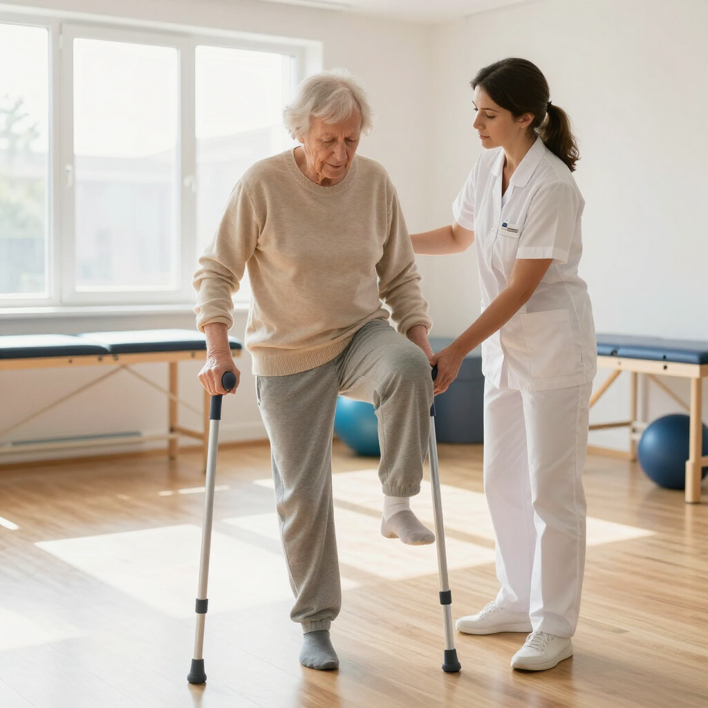 Een ervaren revalidatietherapeut helpt een patiënt met een rollator in een lichte fysiotherapieruimte.