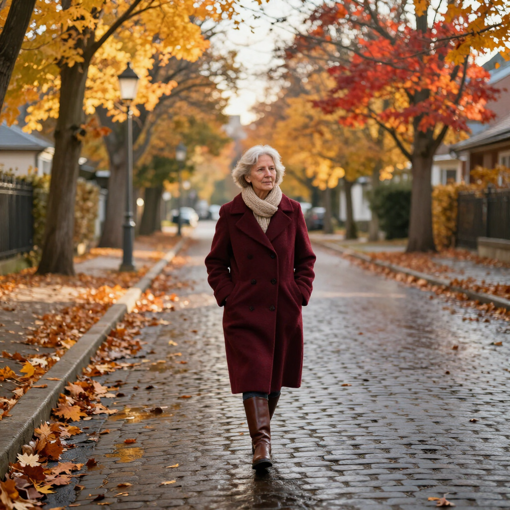 Dame loopt alleen op een straat in de herfst.