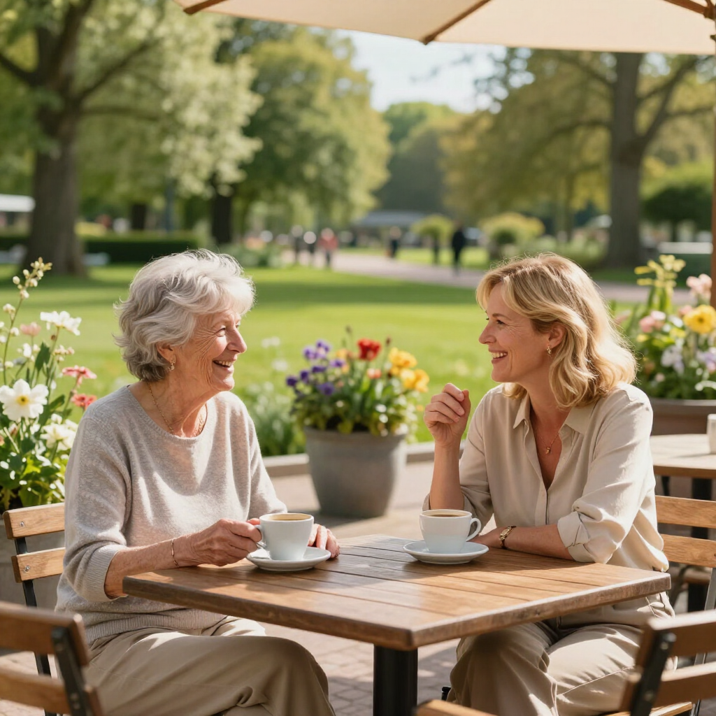 Twee dames op een bankje met een kop thee, een Gea ondersteuner met haar cliënte.