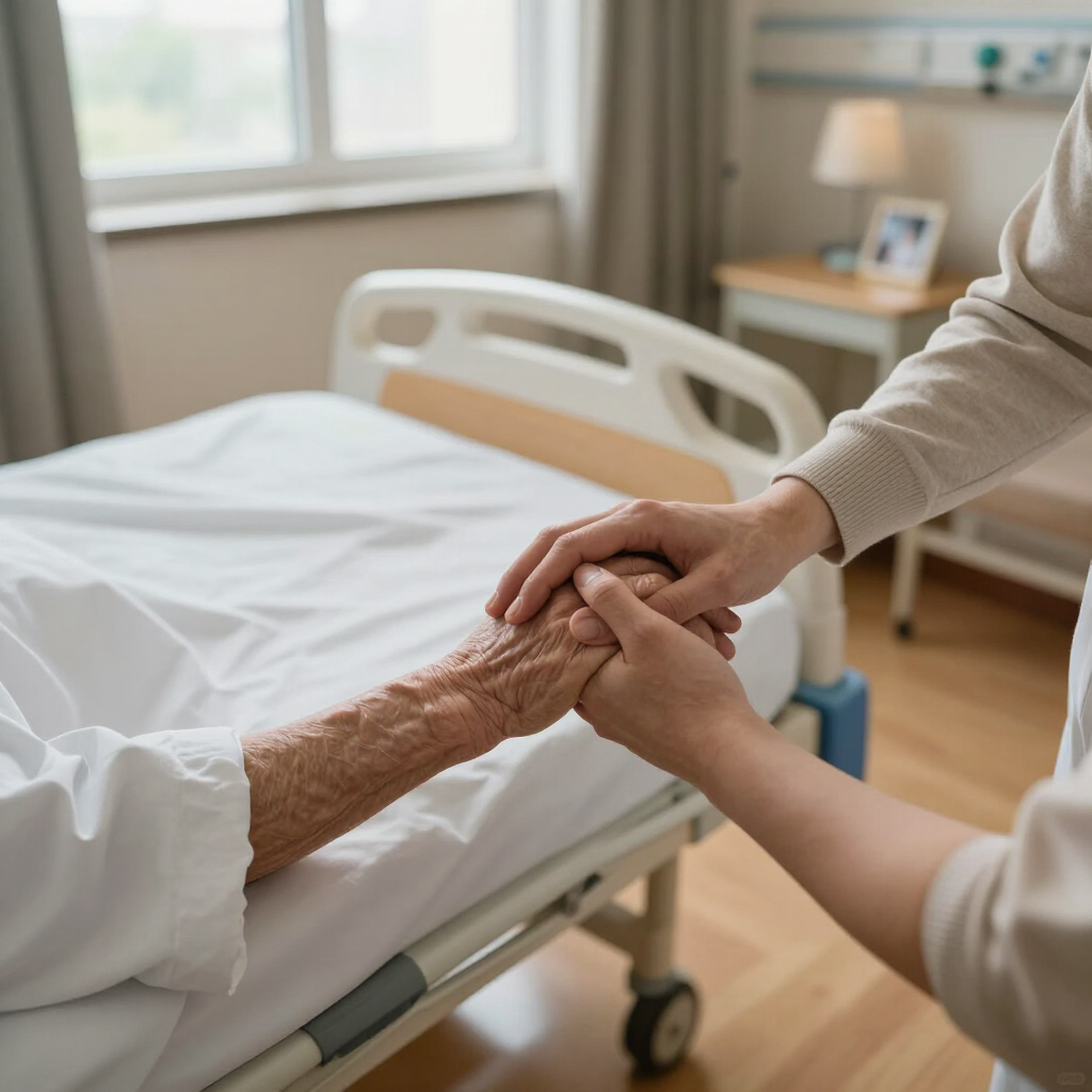 Een verzorger houdt de hand vast van een oudere patiënt naast een ziekenhuisbed in een lichte kamer.