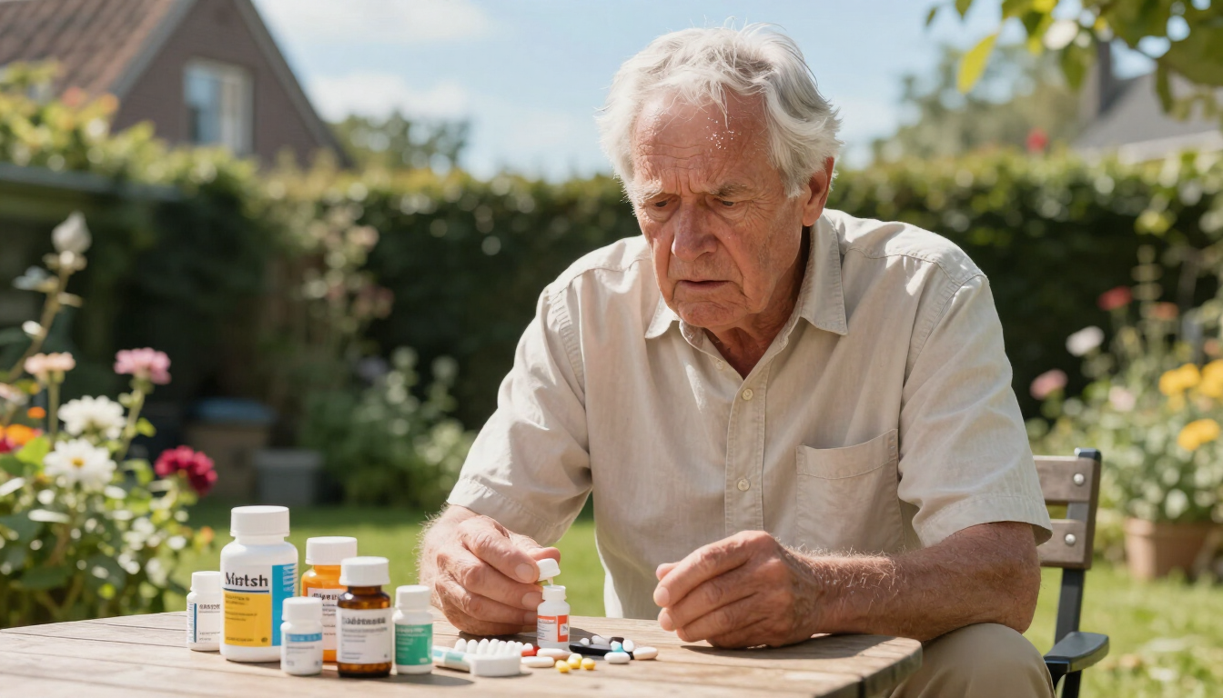 Oudere man raakt in de war met de medicatie tijdens een warme periode.