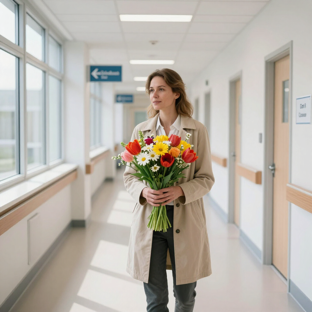 Vrouw in een ziekenhuisgang met een boeket kleurrijke bloemen.