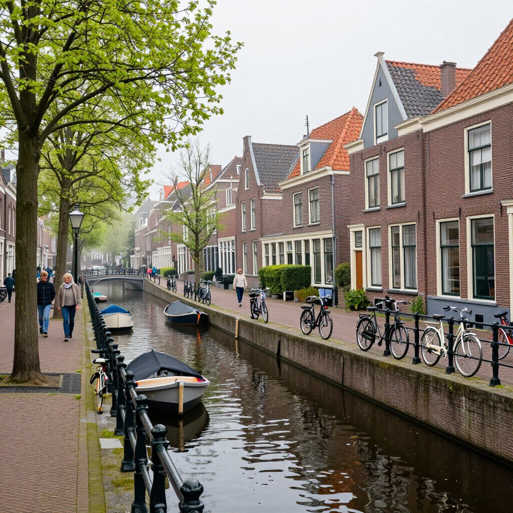 Hollandse straat met een kanaal ervoor. Gea thuis is overal actief.