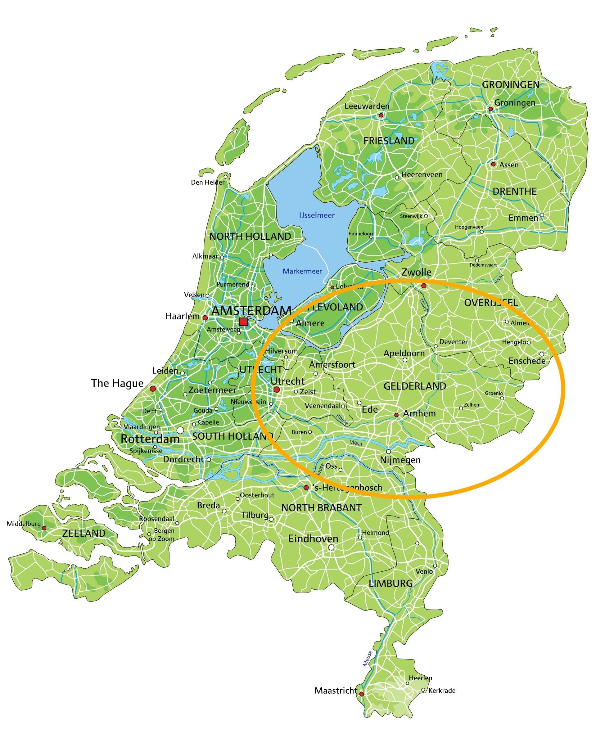Kaart van Nederland met een oranje cirkel die de oostelijke regio markeert.