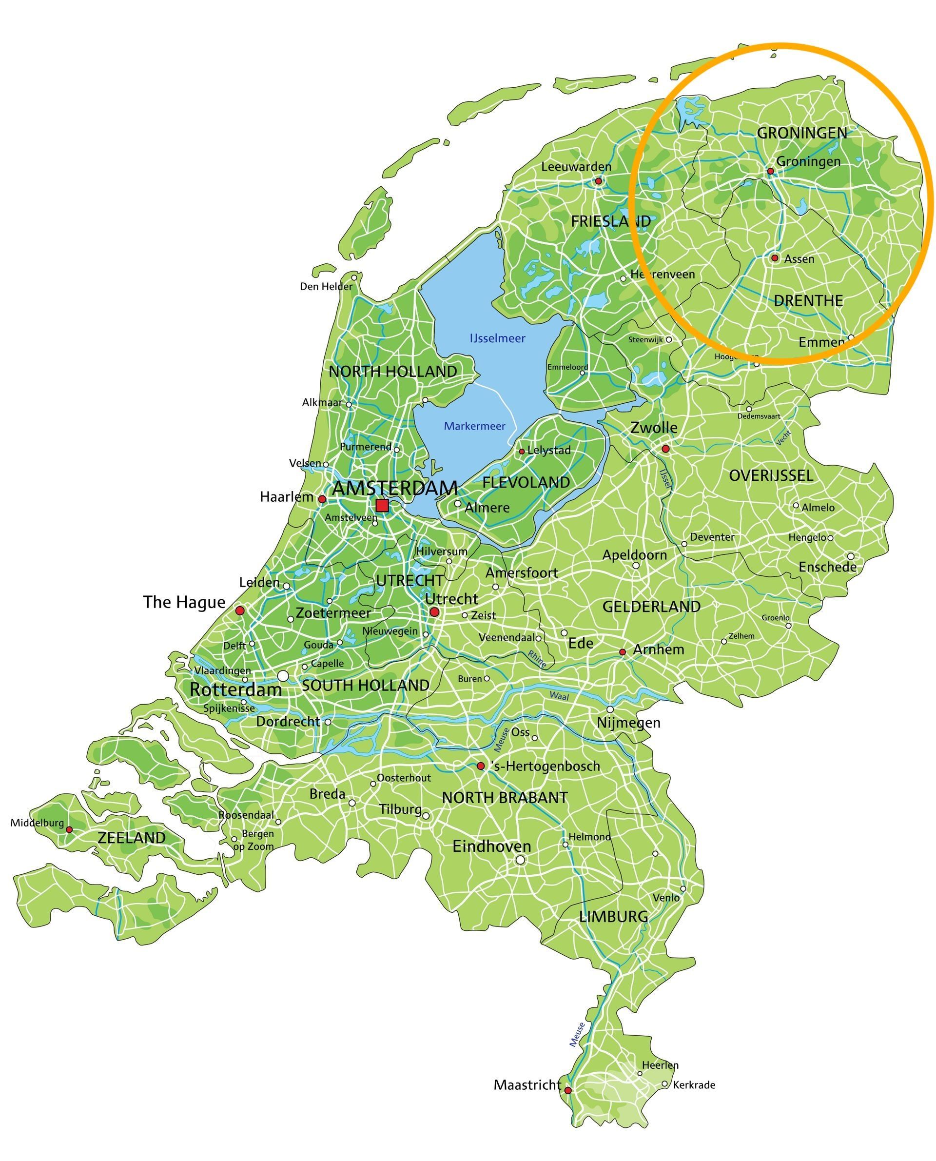 Kaart van Nederland met een oranje cirkel die de noordoostelijke regio markeert.