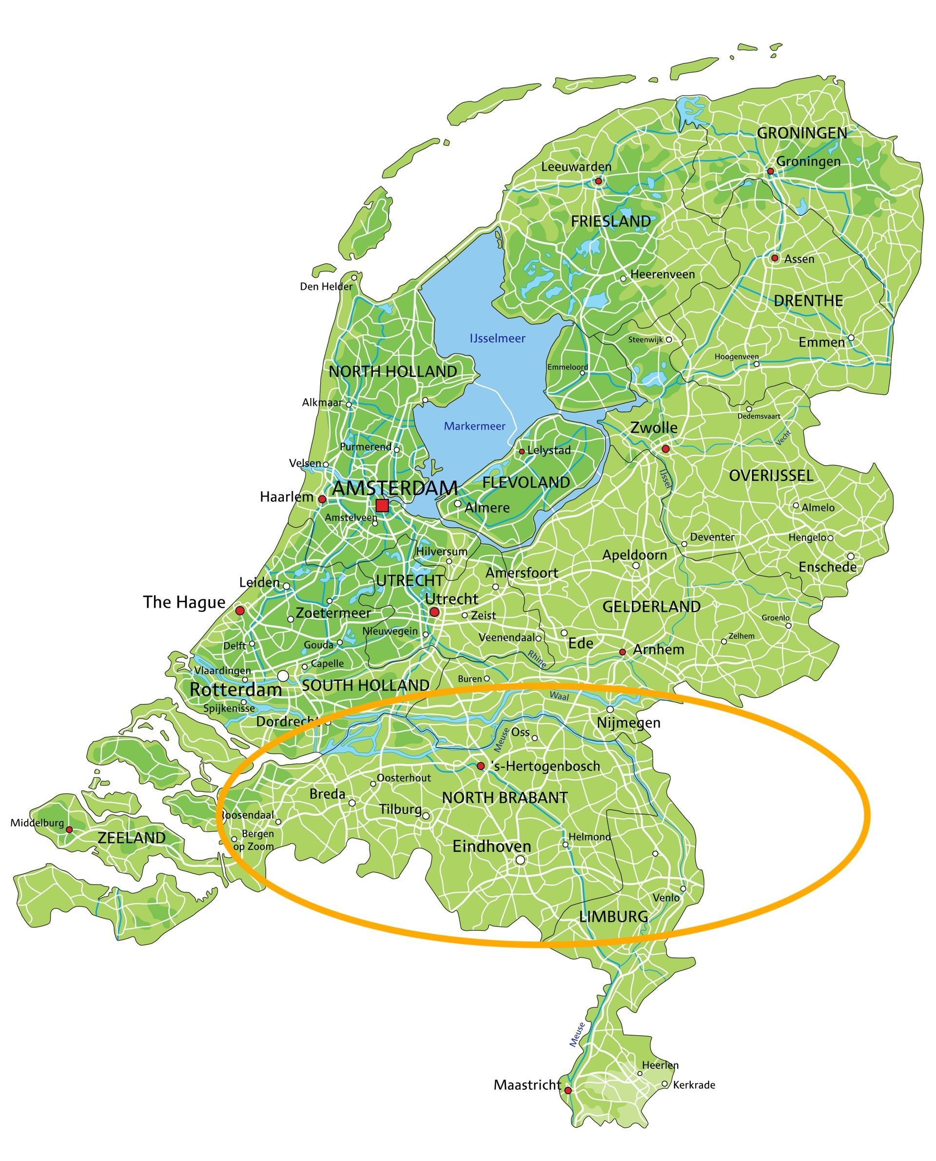 Kaart van Nederland met een oranje cirkel die de zuidelijke en oostelijke provincies markeert.