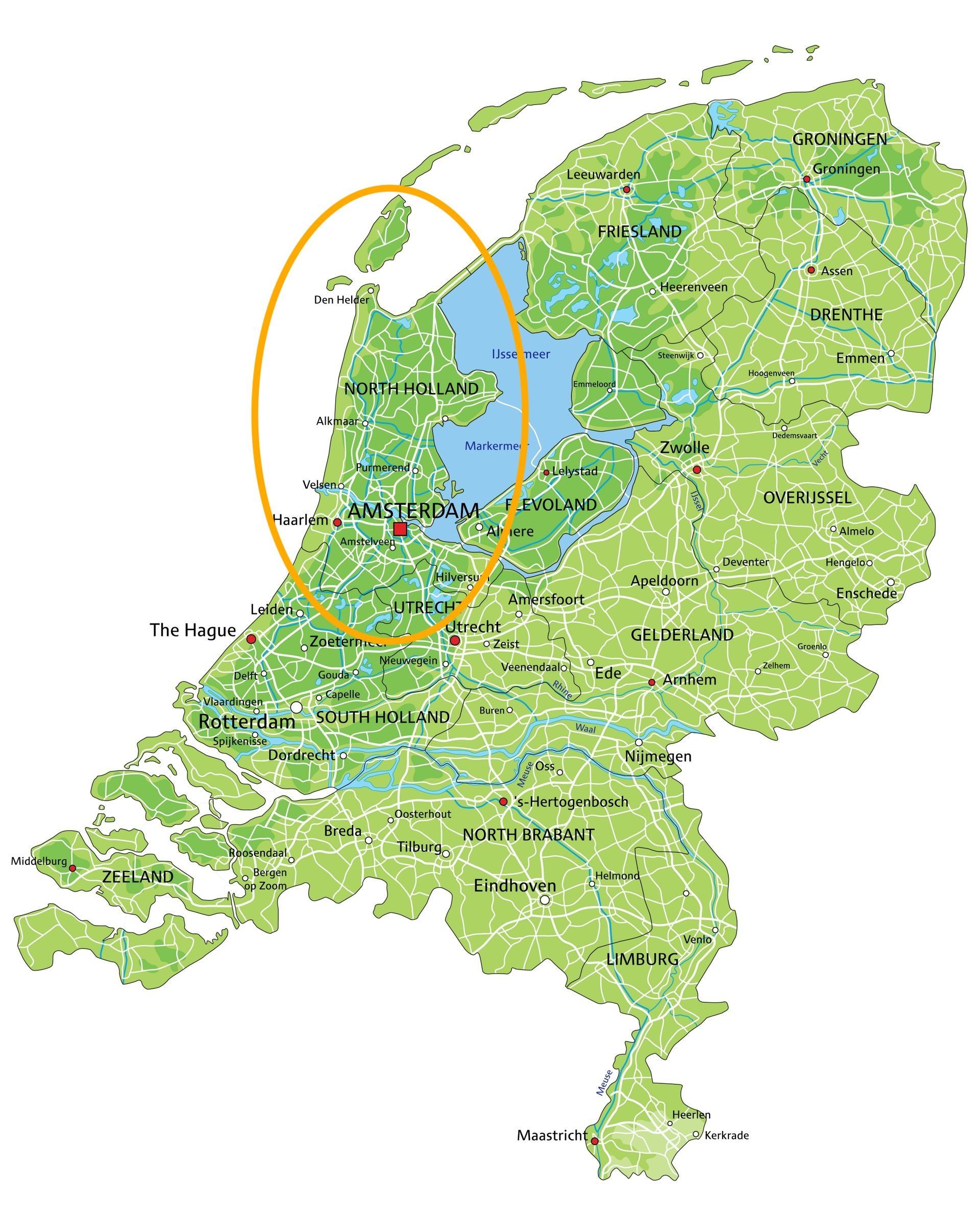 Kaart van Nederland met een oranje ovaal dat de provincie Noord-Holland, inclusief het IJsselmeer, markeert.