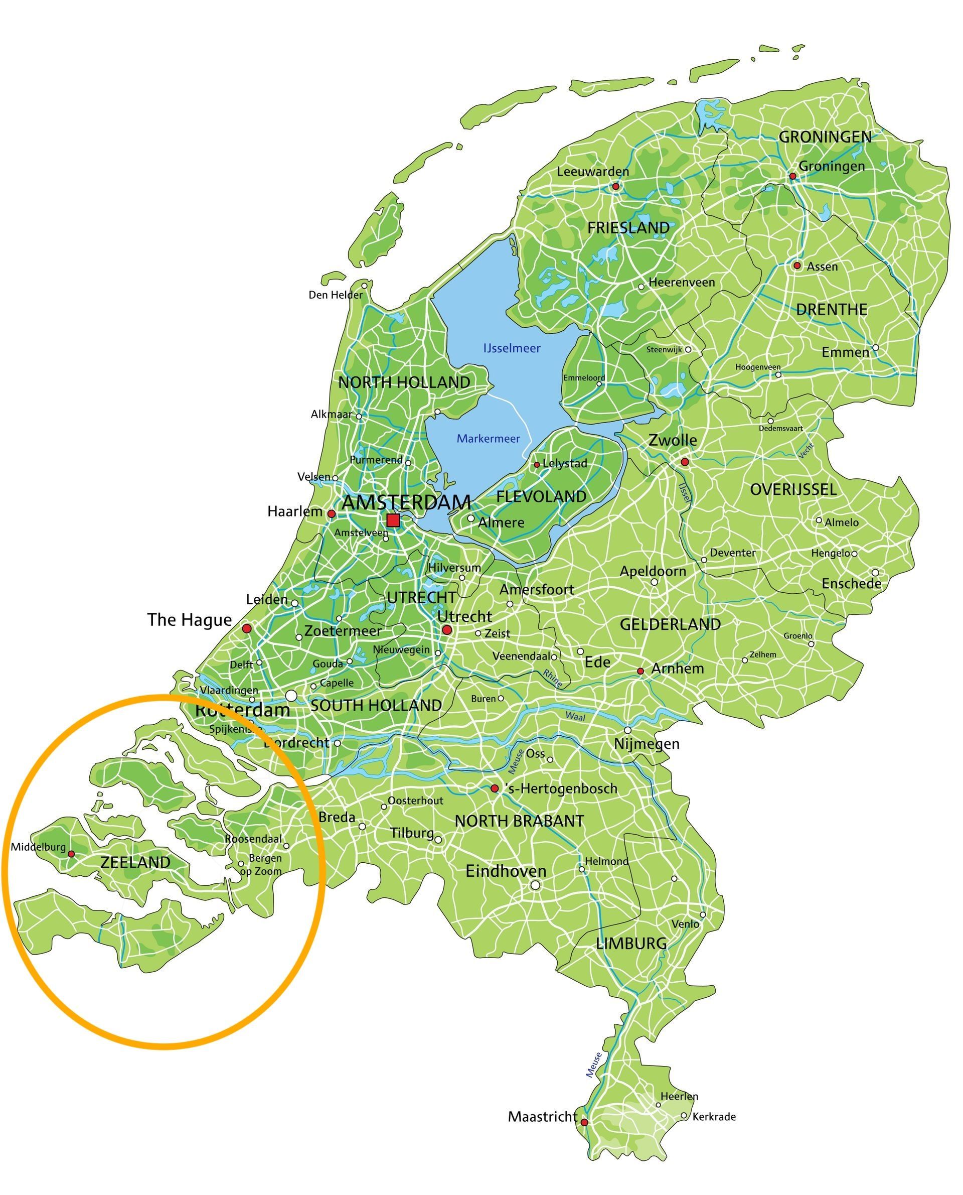 Kaart van Nederland met een oranje cirkel die de provincie Zeeland, een reeks eilanden, markeert.