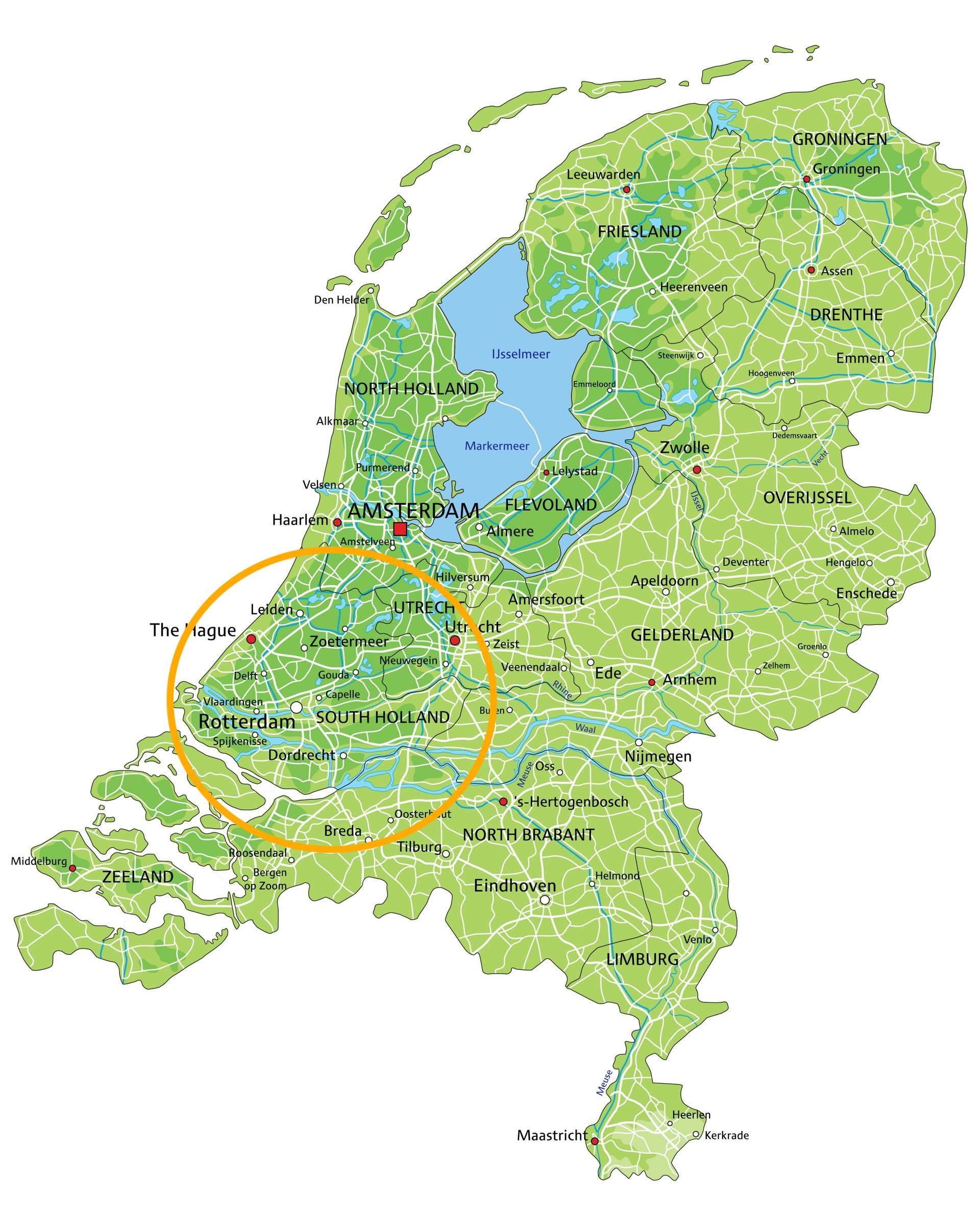 Kaart van Nederland met een gemarkeerde cirkel die het westelijke gebied aangeeft. Groen en blauw kleurenschema.