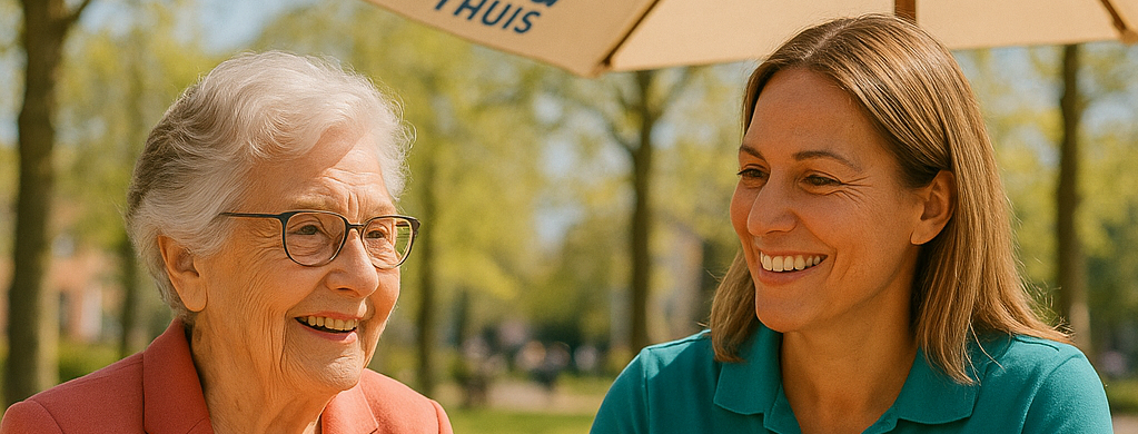 Twee vrouwen glimlachen buiten; een oudere vrouw met een bril, een jongere vrouw in een groen shirt.