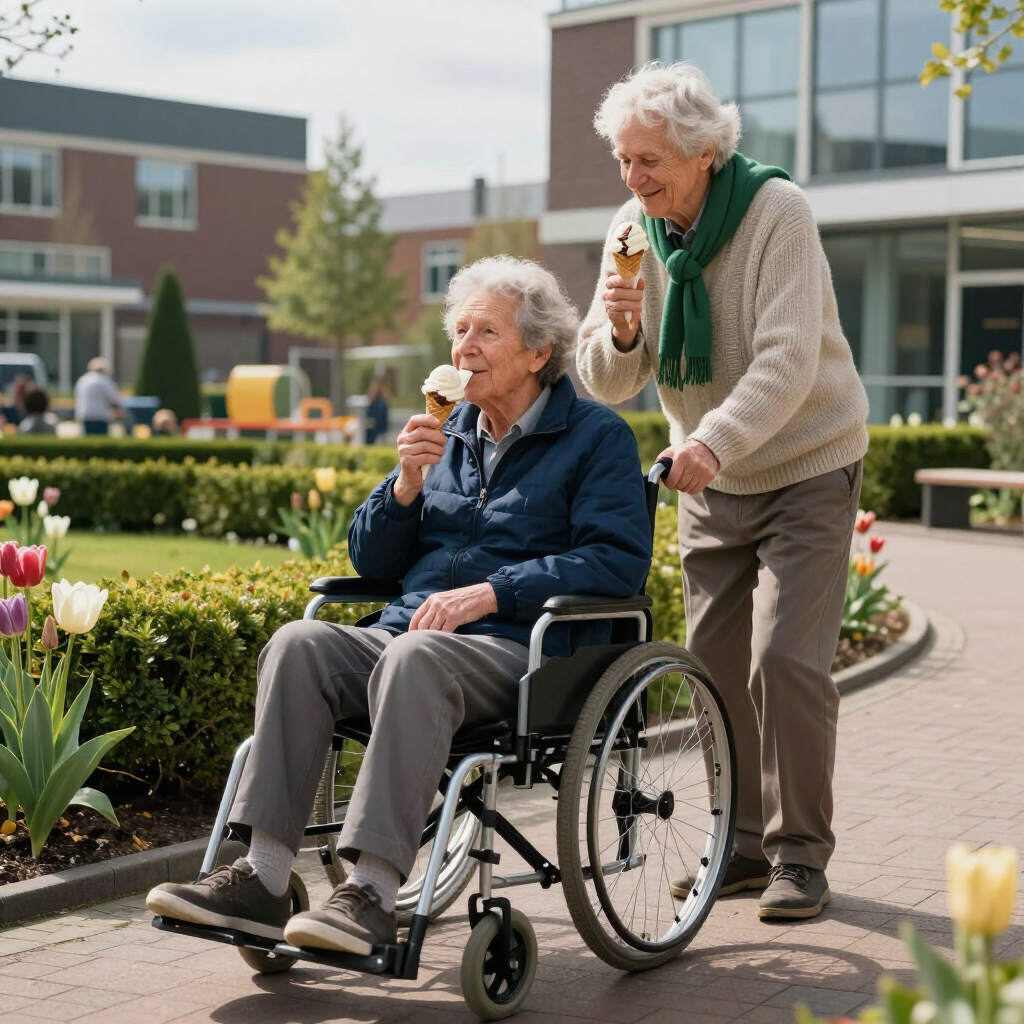Een oudere in een rolstoel en een staande begeleider delen een ijsje op een binnenplaats van een tuin.