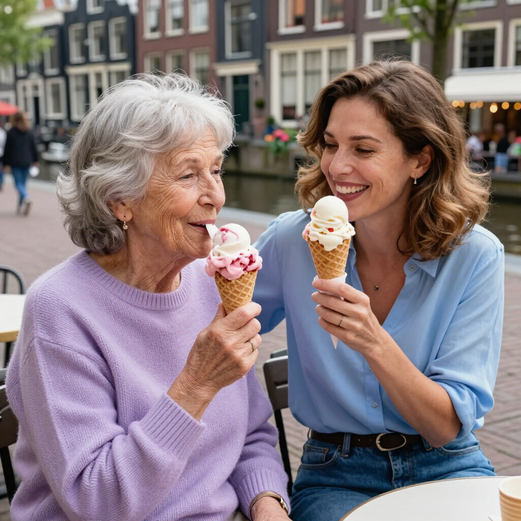 Two women smiling and sharing ice cream on a bench in a town square
