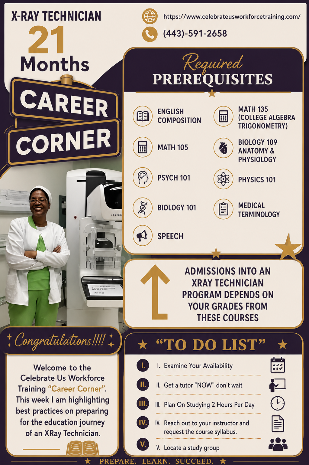 Career Corner flyer for an X-ray technician program, with prerequisites, to-do list, and a person in a lab coat.