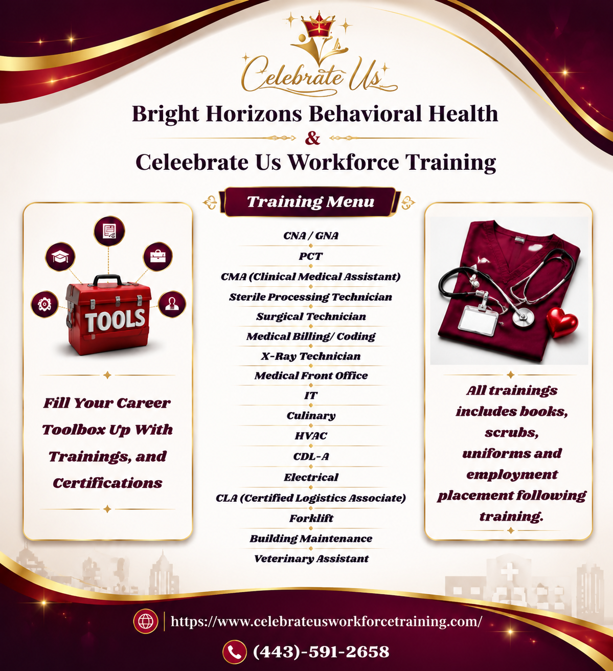 Bright Horizons Behavioral Health training flyer with tools and tote bag on maroon and cream background