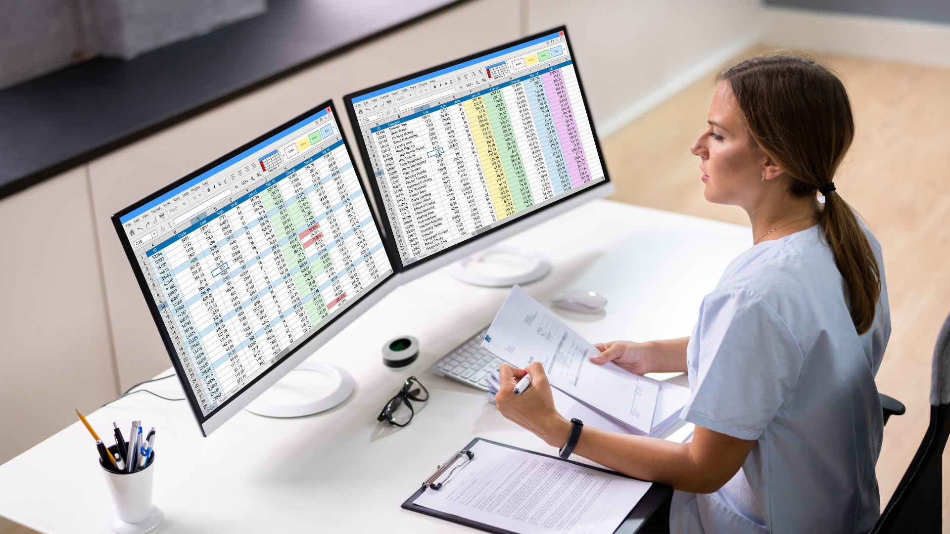 Healthcare administration professional organizing patient records in Rockville, MD