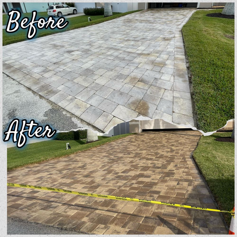 A before and after photo of a driveway that has been cleaned