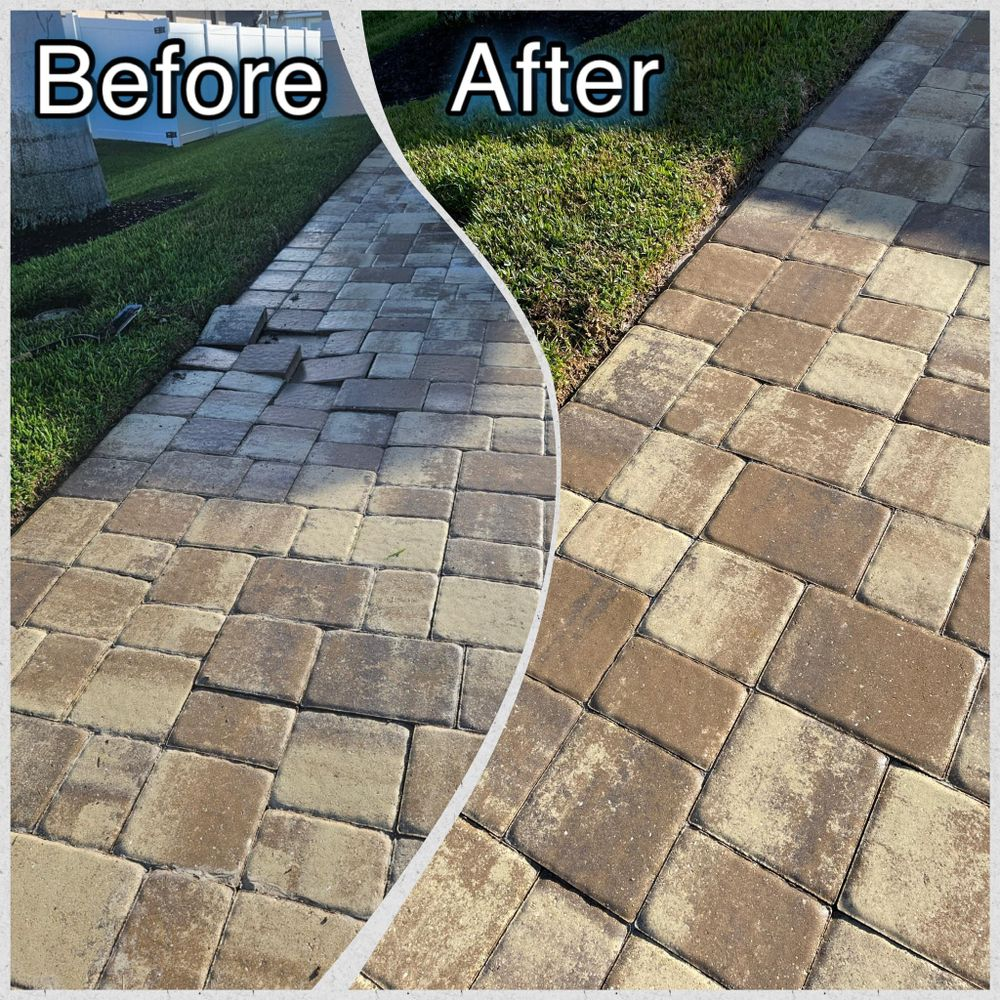 A before and after photo of a brick walkway
