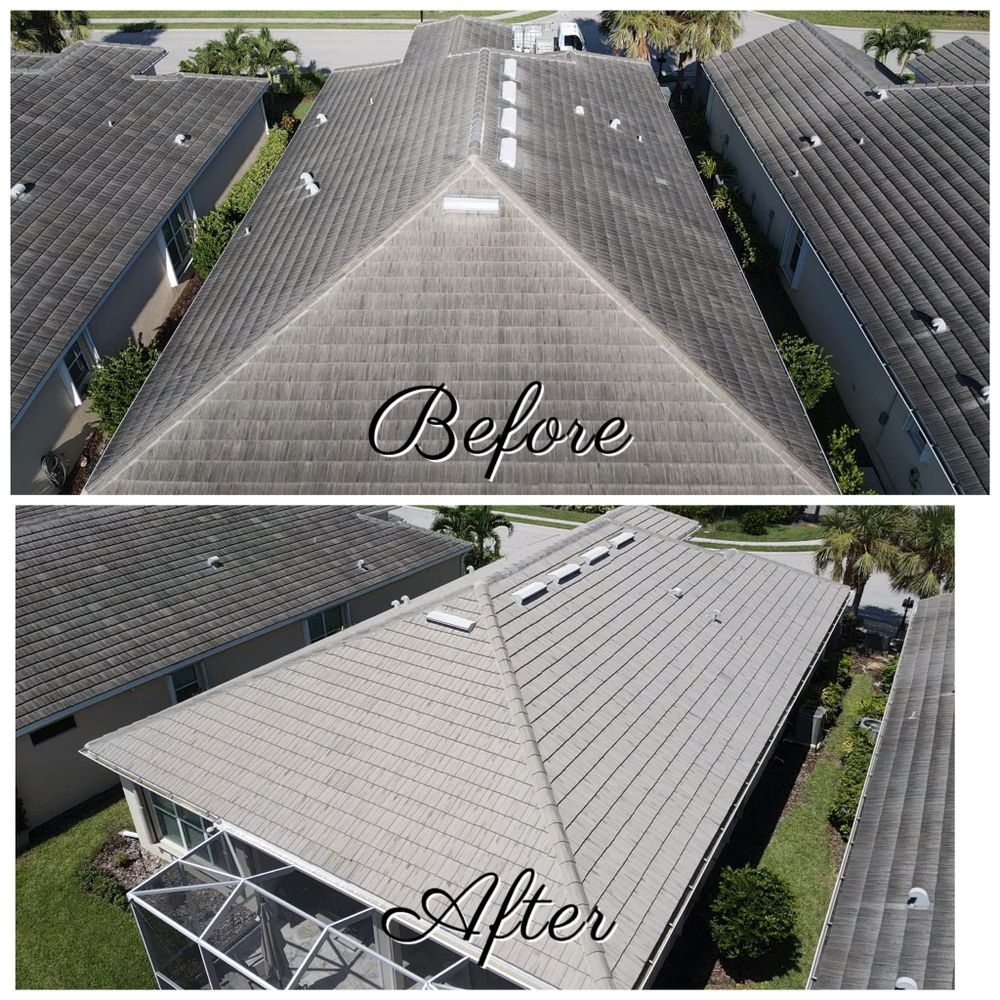 An aerial view of a roof before and after being cleaned.