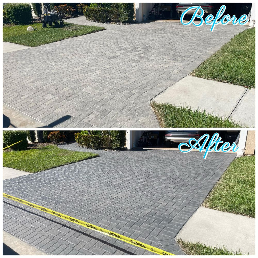 A before and after photo of a brick driveway.