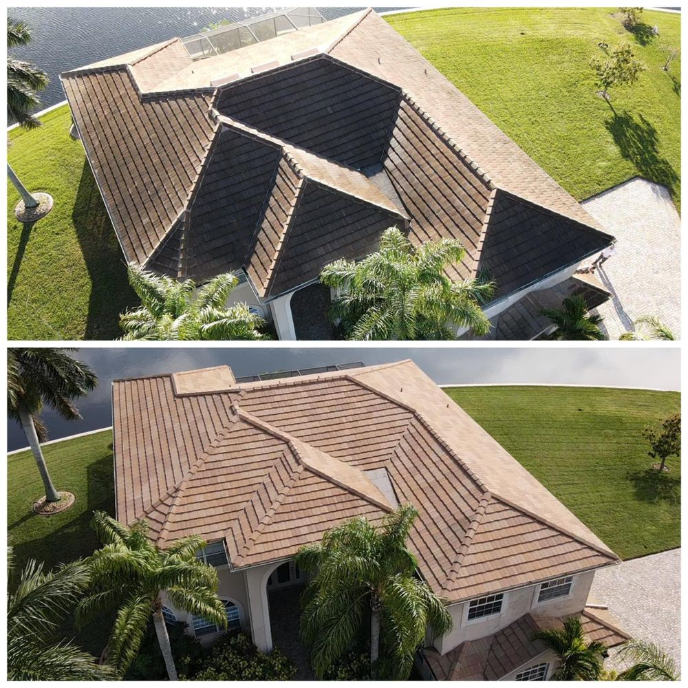 An aerial view of a house with a tile roof before and after being cleaned.
