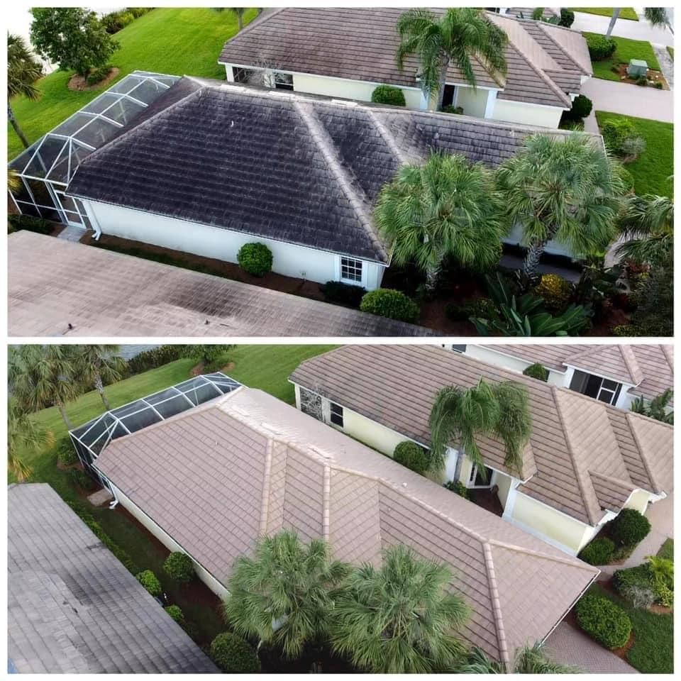 A before and after picture of a house 's roof.