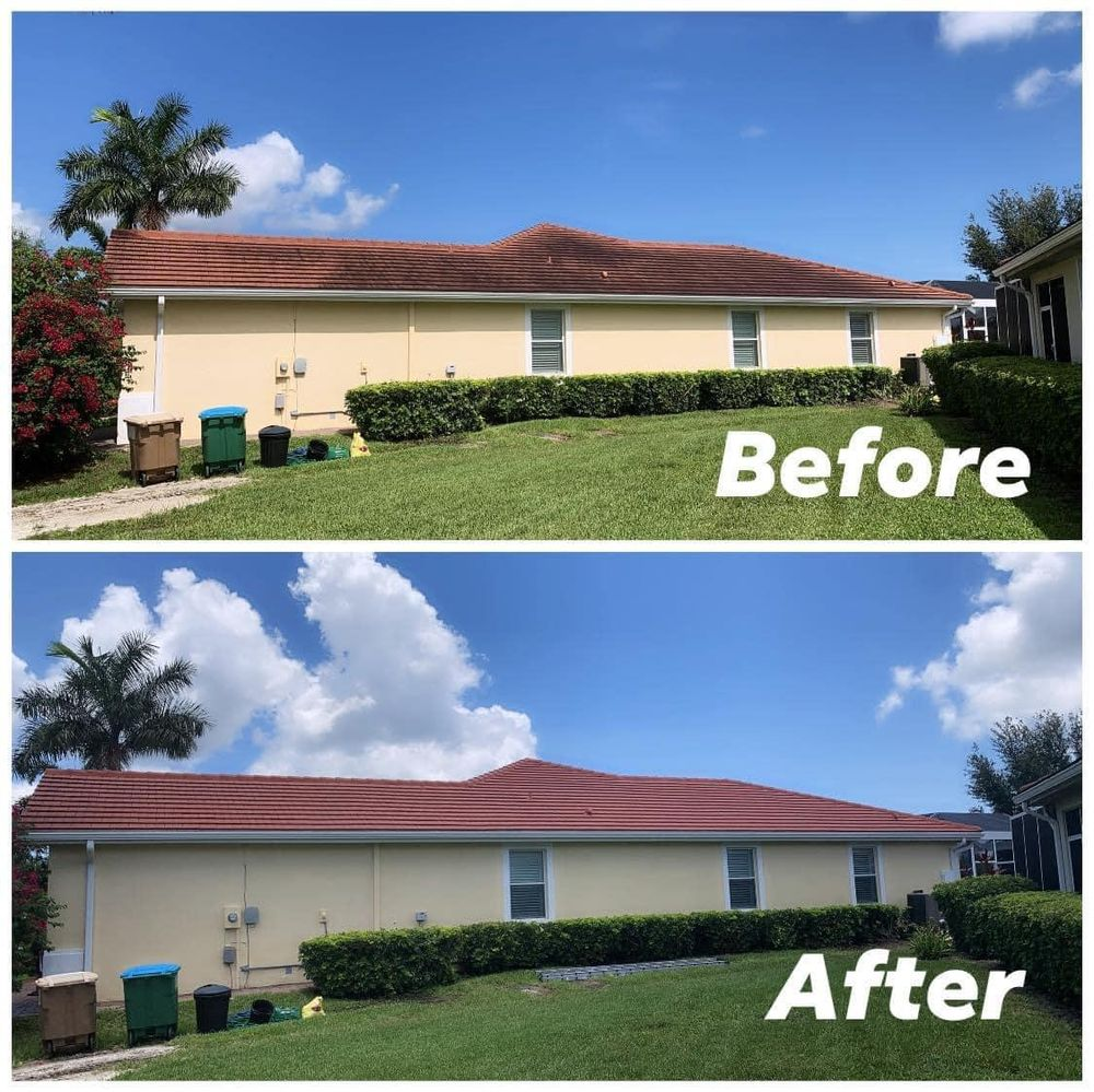 A before and after picture of a house with a red tile roof.