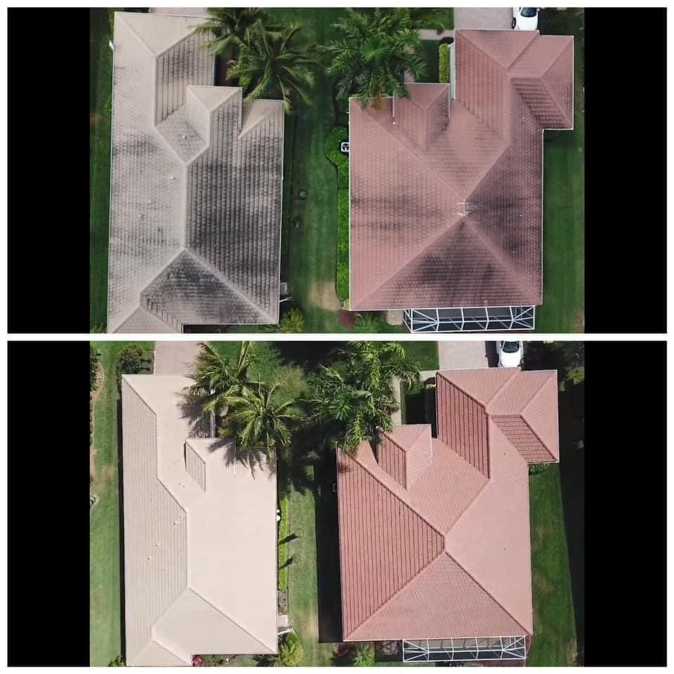 A before and after picture of a house 's roof.