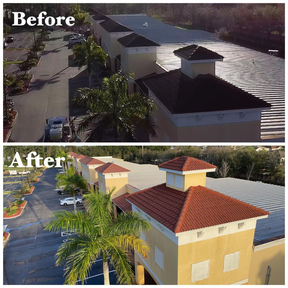 A before and after photo of a building with a river in the background