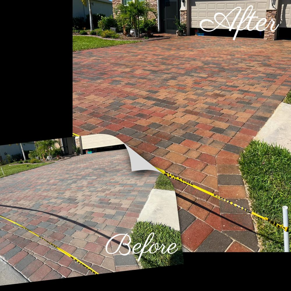 A before and after photo of a brick driveway.