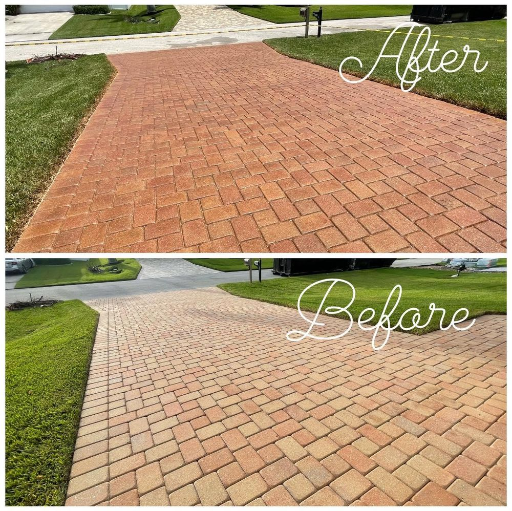 A before and after photo of a brick driveway.
