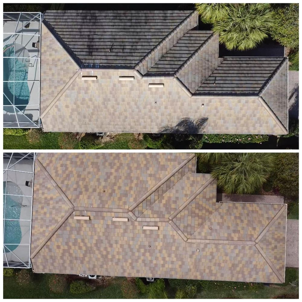 An aerial view of a roof before and after being cleaned.
