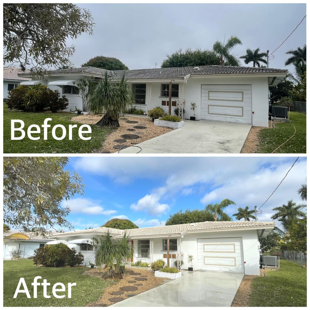 A before and after photo of a white house
