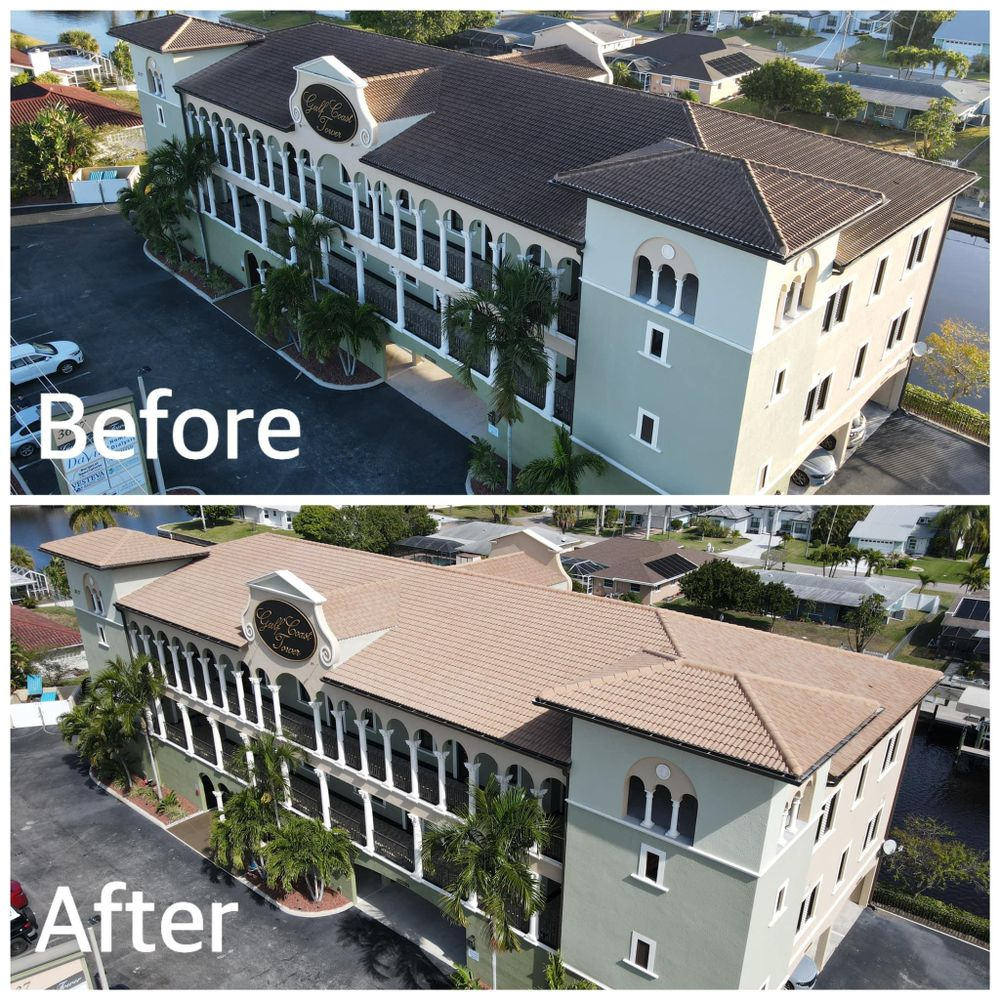 A before and after picture of a building with a tile roof.