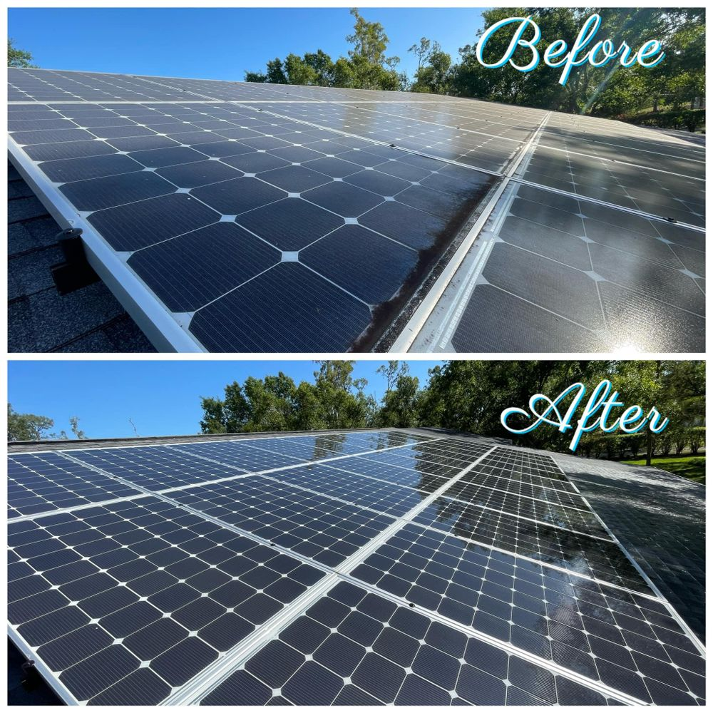 A before and after photo of solar panels on a roof