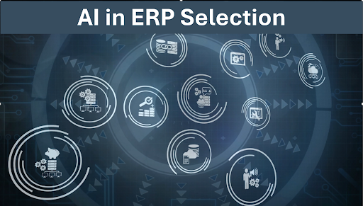 AI in ERP Selection text over a dark blue background with white circular icons.