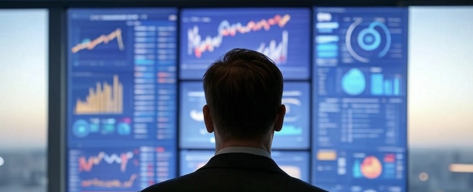 A man in a suit looking at a wall of screens displaying financial data.