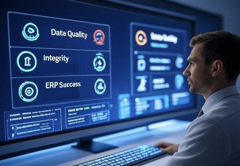 Man looking at a monitor displaying data quality, integrity, and ERP success indicators in a blue-lit office setting.