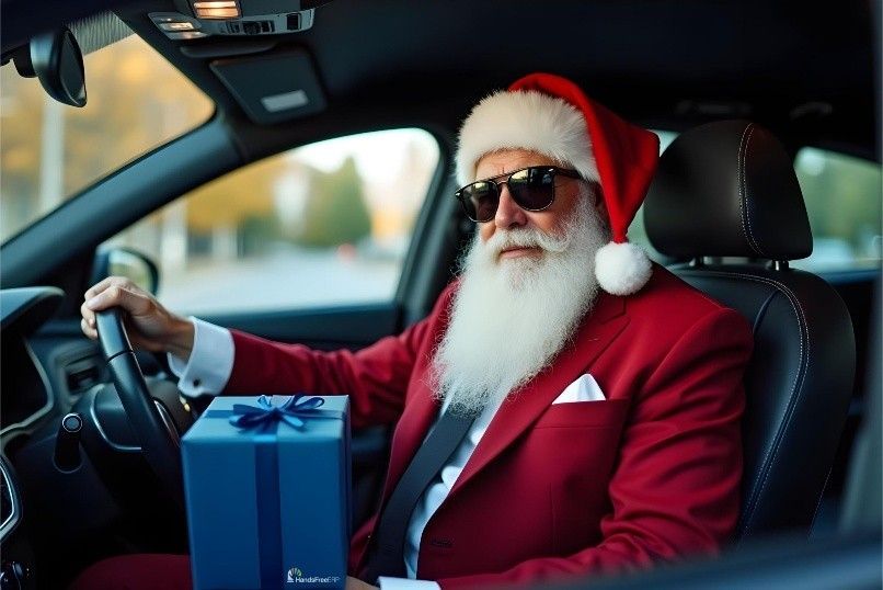 Santa Claus in red suit and sunglasses driving a car, holding a blue gift.