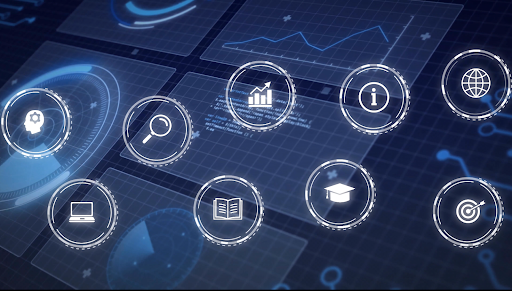 Blue digital interface with glowing icons for data analysis and education.