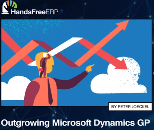 Illustration of a person pointing at upward-trending lines, a cloud, and HandsFreeERP logo, titled