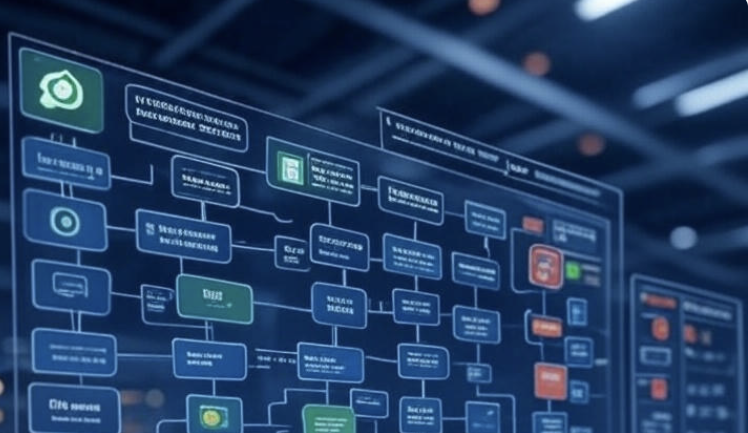 Blue, transparent computer interface with flowcharts and data displayed in a futuristic setting.