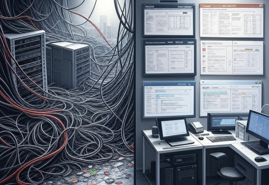 Server room with tangled cables juxtaposed with a computer desk and wall monitors displaying data.